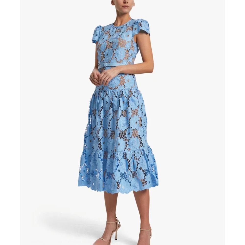 Self-Portrait Blue 3D Cotton Lace Midi Dress SS23-061M-BL Size US 6
